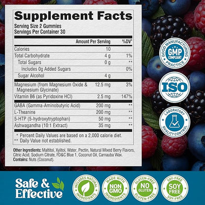 Stress Relief Support 500 mg - Relax, Calm & Sleep Support - Stress Gummies with L-Theanine | GABA | Ashwagandha | 5-HTP | Vitamin B6 & Magnesium - Sugar-Free, Vegan, Mixed Berry Flavor - 60 Gummies