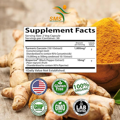 Turmeric Curcumin Supplement 1,000mg – 95% Curcuminoids with BioPerine® Black Pepper for Absorption – Vegan, Non-GMO, Made in USA – 60 Capsules