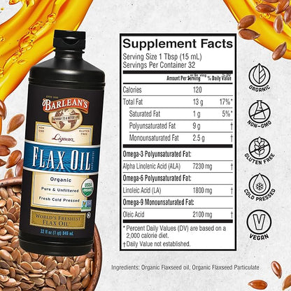Barlean's Organic Lignan Flaxseed Oil Liquid Supplement from Cold Pressed Flax Seeds, 7,230 mg ALA Omega-3 Fatty Acids, Cold Press Flax Seeds, 32 oz