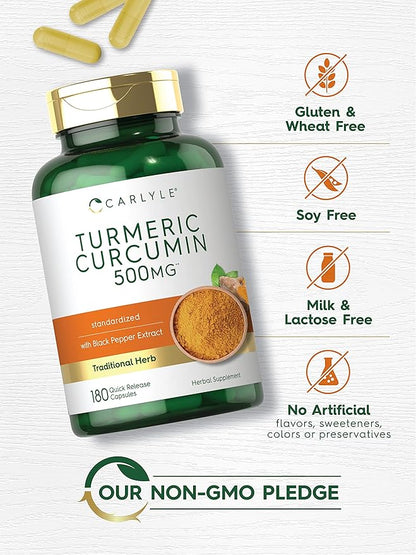 Carlyle Turmeric Curcumin Supplement 500 mg | 180 Capsules | with Black Pepper Extract | Non-GMO & Gluten Free