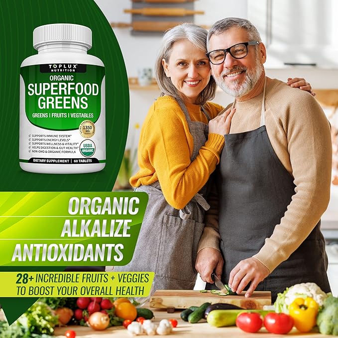 Organic Super Greens Capsules Superfood Fruit Veggie Supplement - 28 Powerful Natural Ingredients with Alfalfa, Beet Root, Tart Cherry & Ginger for Immune & Energy Support, for Men Women, 60 Tablets