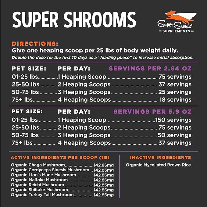 Super Snouts Super Shrooms Mushroom Immune Support Supplement for Dogs and Cats, 5.29 oz - Made in USA Organic Non-GMO, Immune Health, Strong Immunity, 7 Mushroom Blend Powder