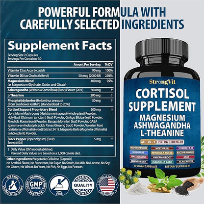 Cortisol Supplements for Women and Men with Magnesium, Ashwagandha & L-Theanine. High Cortisol Reducer, Manager, Detox, Lower and Control. Sleep Support & Stress Relief, USA