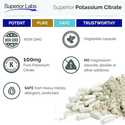 Superior Labs - Potassium Citrate NonGMO Supplement - 100 mg Dosage, 120 Vegetable Capsules - Maintains Overall Health - Supports Kidney Function - Electrolyte Mineral Balance