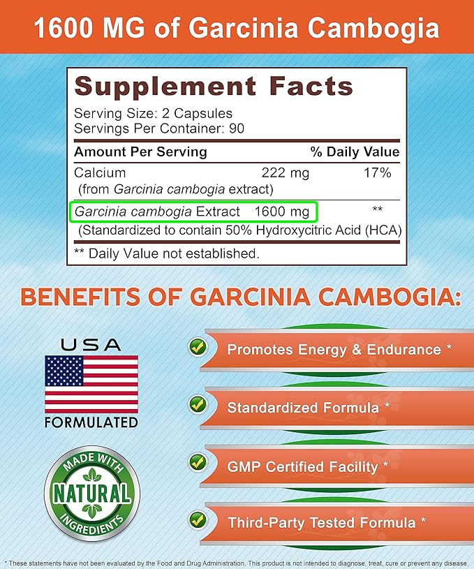 Garcinia Cambogia 1600 mg (180 Capsules) - Pure Natural Extract Supplement Pills - Standardized Garcinia Cambogia Alternative to Drops, Gummies, Liquid, Tea & Powder