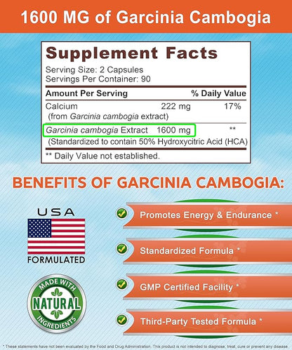 Garcinia Cambogia 1600 mg (180 Capsules) - Pure Natural Extract Supplement Pills - Standardized Garcinia Cambogia Alternative to Drops, Gummies, Liquid, Tea & Powder