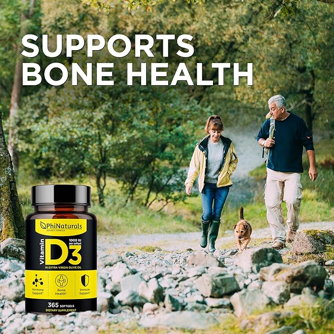 PhiNaturals Vitamin D3 1000iu Softgels Supplement Olive Oil Base 365 Gel Caps One Year Supply of VIT D, Vitamina D 3 1000 iu