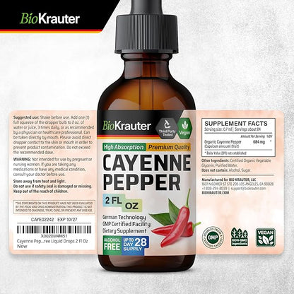 BIO KRAUTER Cayenne Pepper Drops - Liquid Cayenne Pepper Supplements - Natural Capsaicin Extract for Digestive Support - Pure Formula - Vegan Sugar & Alcohol Free - 2 Fl. Oz.