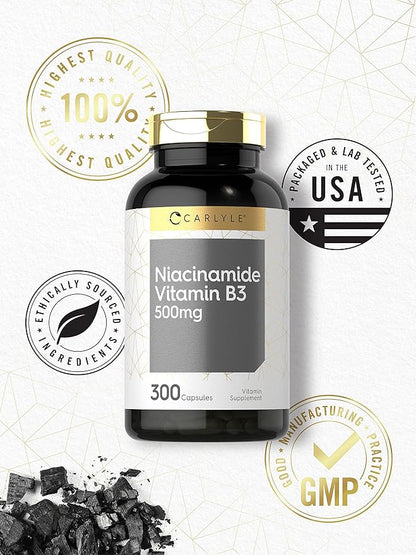 Carlyle Niacinamide 500mg Capsules | 300 Count | Vitamin B3 | Non-GMO & Gluten Free Supplement