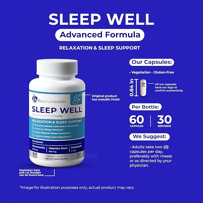 Sleep Well | Natural Sleep Aid with Magnesium Glycinate, Valerian Root, and Chamomile | Non-Habit Forming | 60 Capsules - 30 Nights of Restful Sleep