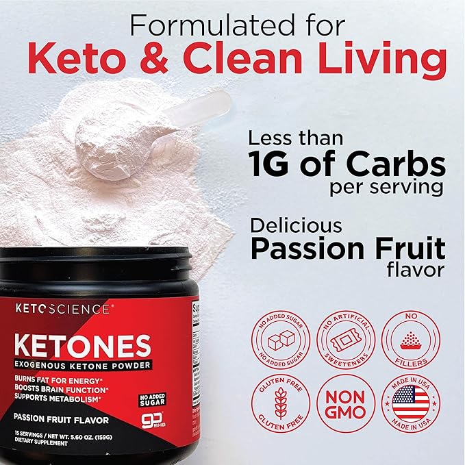 KETO SCIENCE Ketones Powder, Exogenous Ketone Powder, with goBHB, Keto Electrolytes Powder, Supports Metabolism, Focus and Workout Support, Passion Fruit Flavor, 15 Servings
