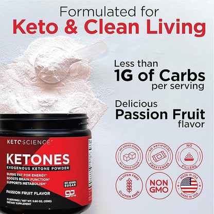 KETO SCIENCE Ketones Powder, Exogenous Ketone Powder, with goBHB, Keto Electrolytes Powder, Supports Metabolism, Focus and Workout Support, Passion Fruit Flavor, 15 Servings