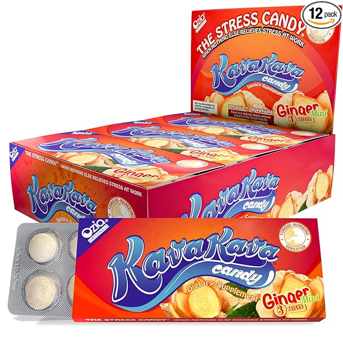 Ozia Originals Kava Kava Candy - 8 Kava Candies Per Pack, Kava Extract Stress Relief Supplement, Natural Kava Root Chill Happy Pill, Encourages Positive Mood - Ginger Mint Flavor, 1 Box (12 Packs)