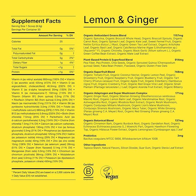 Huel Daily Greens Single Serve Lemon and Ginger | Superfood Greens Powder | 91 Vitamins, Minerals, and Wholefood-Sourced Ingredients | Adaptogens, Antioxidants, Gut-Friendly Probiotics | 12 Pack