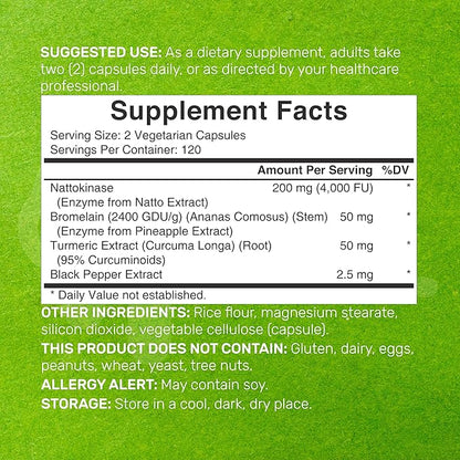 DEAL SUPPLEMENT Nattokinase 4,000 FU Per Serving, 240 Veggie Capsules – Bromelain, Turmeric Curcumin, with Black Pepper Complex – Heart Health & Digestive Enzymes – Non-GMO, Vegan