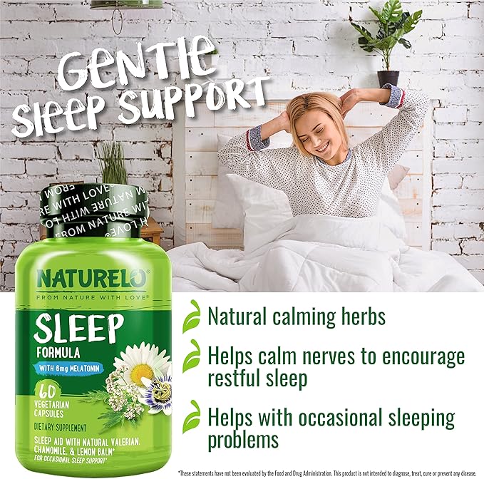 NATURELO Sleep Aid - with Melatonin, Magnesium, GABA, Valerian Root, Lemon Balm, Chamomile Herbal Extracts - Plant-Based Sleeping Aid - 60 Vegan Capsules