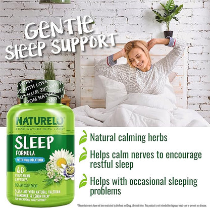 NATURELO Sleep Aid - with Melatonin, Magnesium, GABA, Valerian Root, Lemon Balm, Chamomile Herbal Extracts - Plant-Based Sleeping Aid - 60 Vegan Capsules