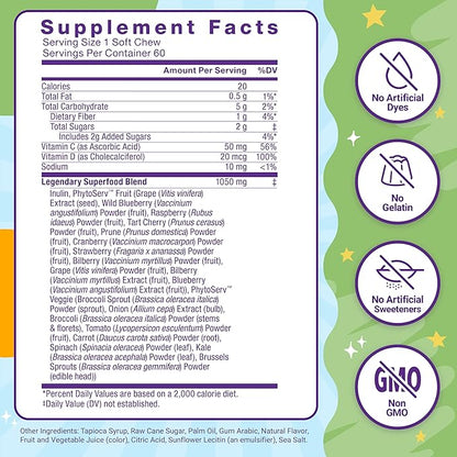 FORCE FACTOR Kids Superfood Super Chews, Kids Vitamins C & D, Immune Support Supplement with Antioxidant Support from Powdered Fruits & Veggies, 2-Month Supply, Very Berry Grape Flavor, 60 Soft Chews
