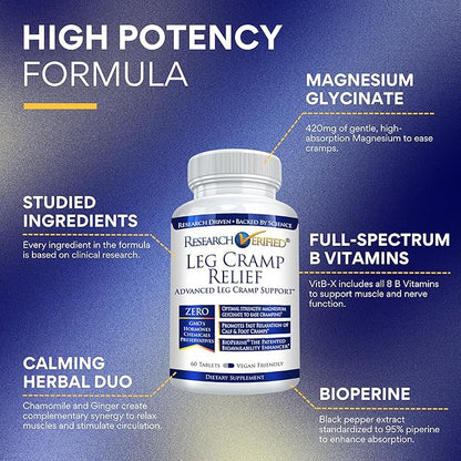 Research Verified Leg Cramps - Magnesium, B Vitamins, Ginger, Chamomile, BioPerine - Circulation Support - Vegan - 180 Capsules, 3 Month Supply