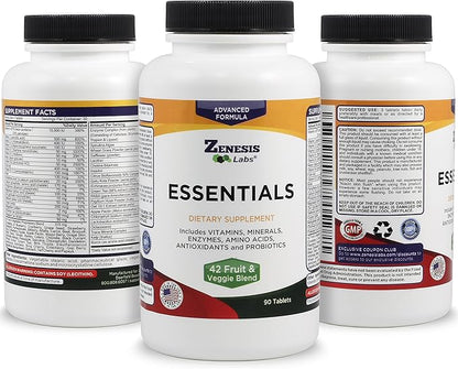 Zenesis Labs Essentials - a Natural & Nutrient Rich Multi-Vitamin - with Minerals, Enzymes, Amino Acids, Antioxidants and Probiotics - 90ct