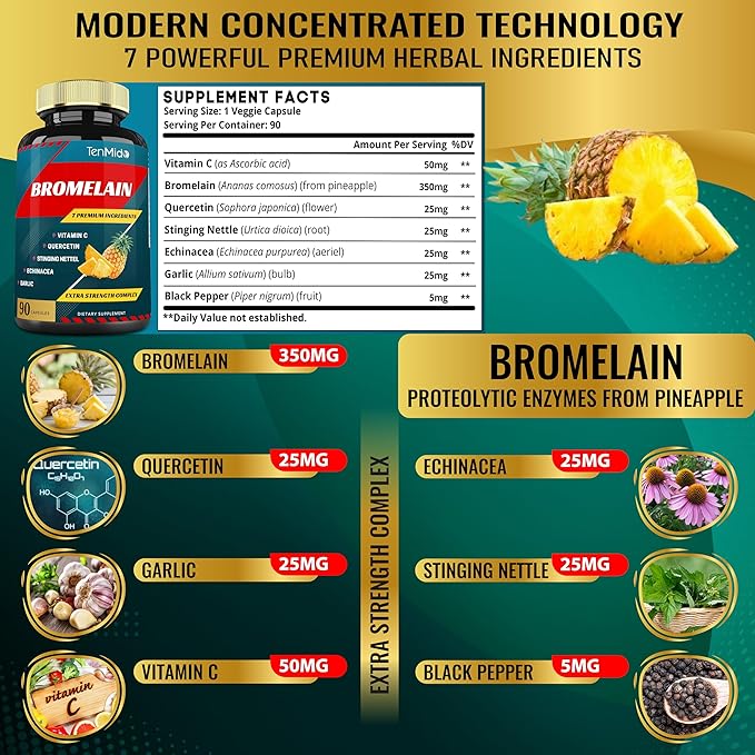 Bromelain Extract Capsules, Proteolytic Enzymes & VitC, Quercetin, Echinacea, Garlic, Pepper - Supports Digestion Health, Nutrient Absorption - 90caps, 3Months Supply