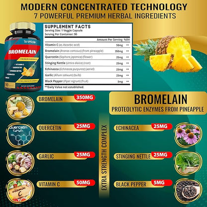 Bromelain Extract Capsules, Proteolytic Enzymes & VitC, Quercetin, Echinacea, Garlic, Pepper - Supports Digestion Health, Nutrient Absorption - 90caps, 3Months Supply