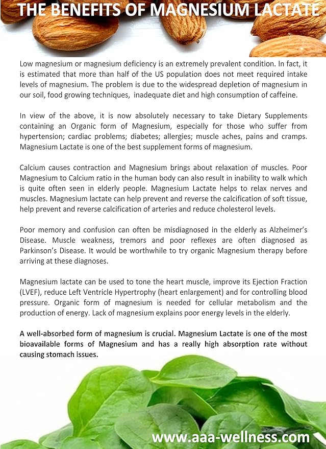 Magnesium Lactate 500 mg per Serving, 120 Easy to Swallow Small Vegetarian Capsules. Gluten Free. Doctor formulated. Highly bioavailable Formulation. High Absorption. Made in USA.