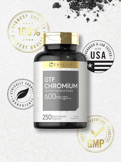 Carlyle GTF Chromium 600mcg | 250 Capsules | Non-GMO, Gluten Free