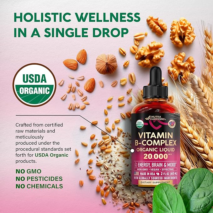 USDA Organic Vitamin B-Complex B5 Pantothenic Acid | B12 Methylcobalamin | B1 Thiamine | B6 Pyridoxine | B7 Biotin | B9 Folic | B3 Niacinamide - B Complex Liquid Drops, Made in USA Supplement, 2fl oz