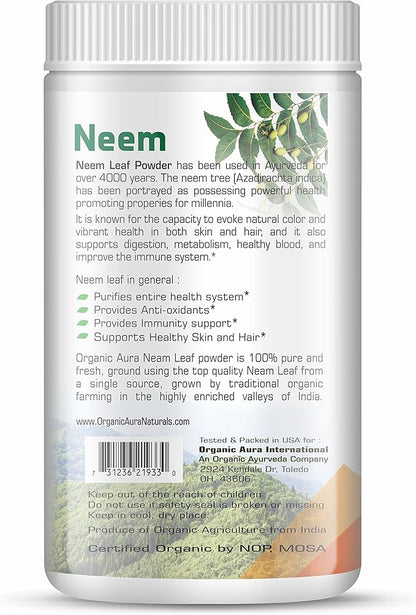 Organic Aura Neem Leaf Powder (Azadirachta Indica). 100% Pure Neem, Raw and Green. USDA Certified Organic Neem for Immune Support, Skin, and Hair. Naturall Source of Antioxidants and Detox.