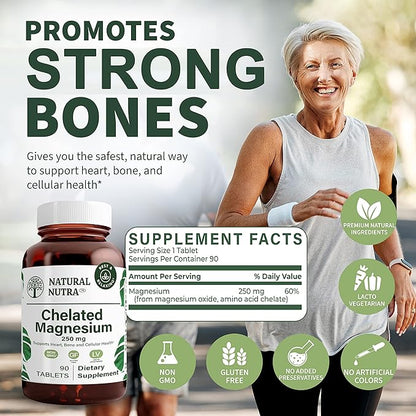 Natural Nutra Chelated Magnesium Oxide 250 mg - High Absorption for Strong Bones, Heart Health, Energy Boost, Gluten-Free, Non-GMO, 90 Tablets (3 Pack) in BPA-Free Recyclable Glass Bottles