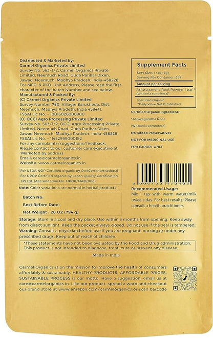 CARMEL ORGANICS Organic Ashwagandha Root Powder (28 Oz or 794g/1.75 Lbs) USDA Certified. Lab Tested, Non GMO & Gluten Free | Withania Somnifera from India
