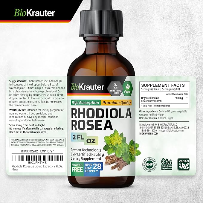 BIO KRAUTER Rhodiola Rosea Supplement Liquid - Pure Rhodiola Rosea Tincture - Vegan Calmness Support - Alcohol & Sugar Free Extract 2 Fl.Oz.