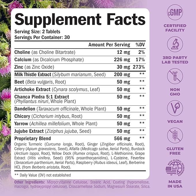 Liver Cleanse Detox & Repair Milk Thistle Supplement - Herbal Liver Support - Choline, Artichoke Extract & Chicory. Dandelion Root Supplement to Support Digestion & Promote Cellular Repair. 60 Tablets