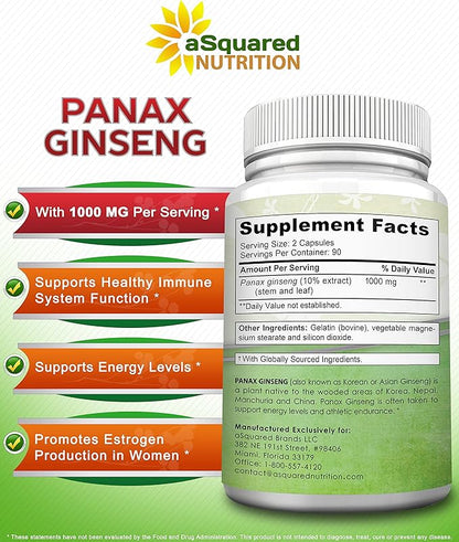 aSquared Nutrition Red Korean Panax Ginseng (1000mg Max Strength) 180 Capsules Root Extract Complex, Asian Powder Supplement, High Dosage Ginsenosides in Seeds, Tablet Pills for Women & Men-Sex Health