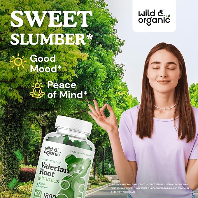 Wild & Organic Valerian Root Gummies 1800mg - Mood Support w/Valerian Root Extract - Calming Gummies for Relaxation - 60 Vegan, Non-GMO Powder Based Chews