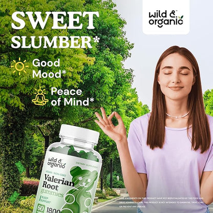 Wild & Organic Valerian Root Gummies 1800mg - Mood Support w/Valerian Root Extract - Calming Gummies for Relaxation - 60 Vegan, Non-GMO Powder Based Chews