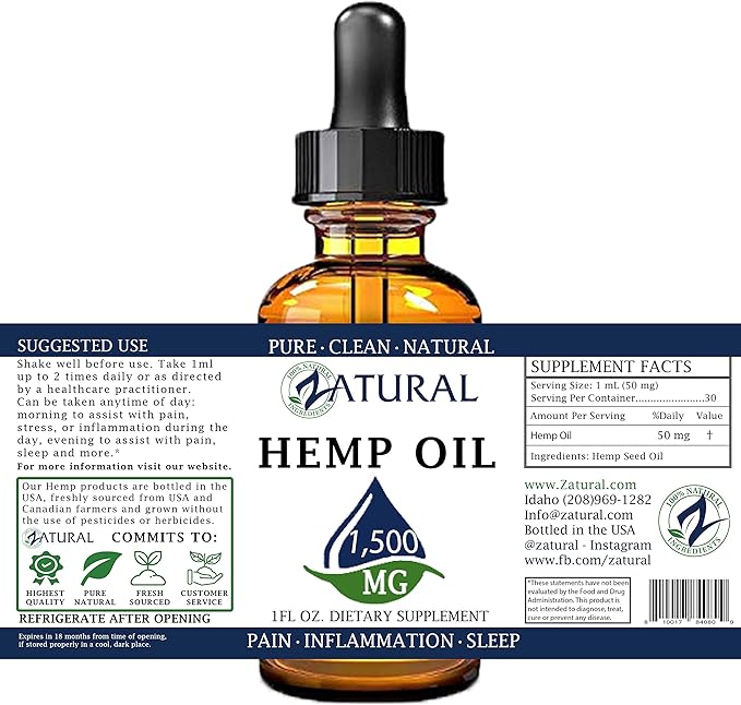 Zatural 1,500mg Hemp Oil Drops: Hemp Seed Oil | Rich in Omega 3 & 6 (1,500mg Natural)