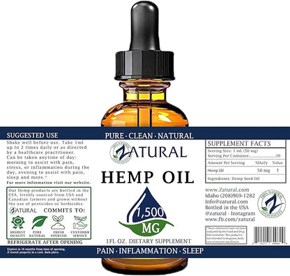 Zatural 1,500mg Hemp Oil Drops: Hemp Seed Oil | Rich in Omega 3 & 6 (1,500mg Natural)