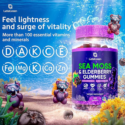 Irish Sea Moss Gummies – Sea Moss Bladderwrack Burdock Elderberry – 60 Vegan Seamoss Bears – Elderberry Gummies for Kids & Adults with Vitamin C & Zinc (Pack of 2)