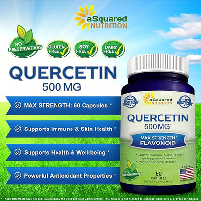 aSquared Nutrition Quercetin 500mg Supplement - 60 Capsules - Quercitin Dihydrate Powder Complex Pills to Support Immune Response & Cardiovascular Health - Pure & Max Strength