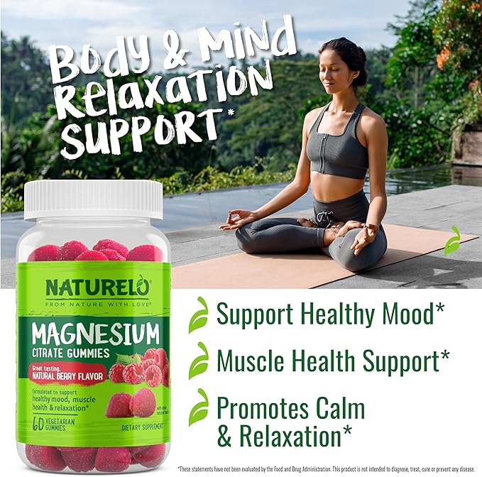 NATURELO Magnesium Citrate Gummies - for Calm & Relaxation Support, Natural Berry Magnesium Gummies, 120 Vegetarian Gummies (Pack of 2)