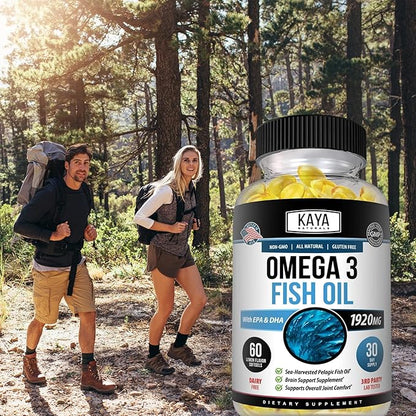 Kaya Naturals Omega 3 Supplement - Nature Made Omega 3 Fish Oil - 100% Pure Sea-Harvested Pelagic Fish Oil with No Fishy Aftertaste - 60 Count Softgels
