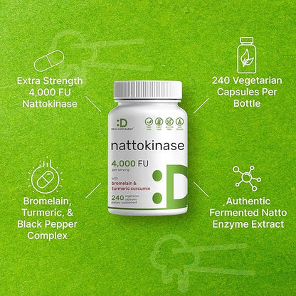 DEAL SUPPLEMENT Nattokinase 4,000 FU Per Serving, 240 Veggie Capsules – Bromelain, Turmeric Curcumin, with Black Pepper Complex – Heart Health & Digestive Enzymes – Non-GMO, Vegan