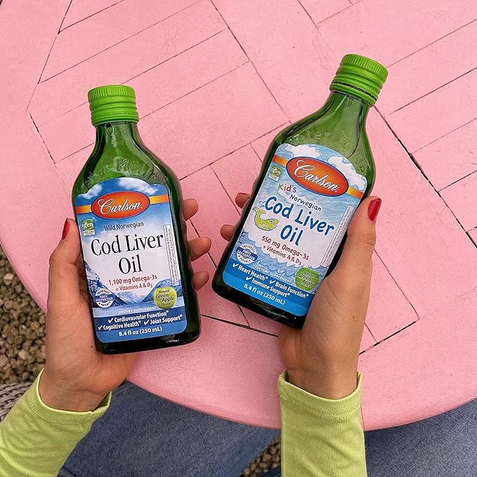 Carlson - Kid's Cod Liver Oil, 550 mg Omega-3s, Plus Vitamins A and D3, Liquid Fish Oil, Wild Caught Norwegian Arctic Cod, Sustainably Sourced Nordic Fish Oil, Green Apple, 250 mL (8.4 Fl Oz)