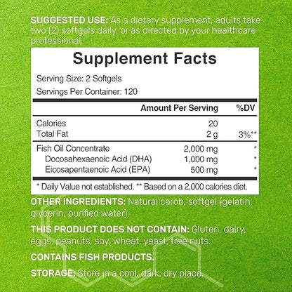 DHA Supplements | 240 Softgels, Burpless, Lemon Flavor, DHA 1000mg + EPA 500mg, Wild Caught Fish