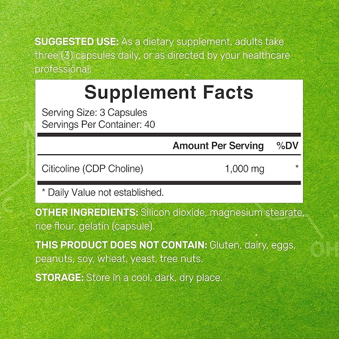 DEAL SUPPLEMENT Citicoline CDP Choline, 1,000mg Per Serving, 120 Capsules – Extra Strength Choline Supplements – Nootropic B Vitamin Properties – Promotes Brain Health, Memory, & Focus – Non-GMO