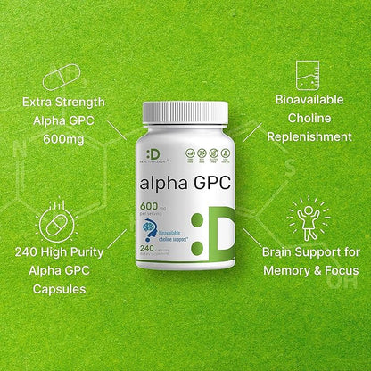 DEAL SUPPLEMENT Alpha GPC 600mg Per Serving, 240 Capsules – Bioavailable Choline Replenishment –Nootropic Brain Health Supplements for Memory and Focus – Non-GMO, Gluten Free