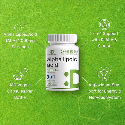 Alpha Lipoic Acid 1,000mg, 180 Veggie Capsules – 50/50 R-ALA & S-ALA for Max Bioavailability – Antioxidant Supplement – Energy & Nervous System Support – Non-GMO