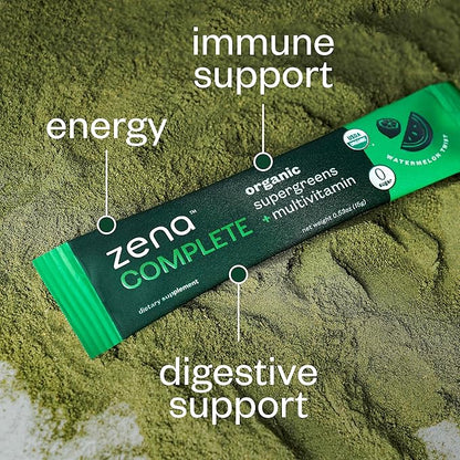 Zena Complete Organic Super Greens Powder & Multivitamin, 90+ Supergreens, Fruits, Veggies, 0 Sugar, 5G Fiber, Pre & Probiotics, Watermelon Citrus Flavor, 30 Packets